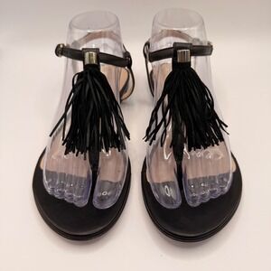 Club Monaco Womens Black Leather Tassel T-Strap Flat Sandals Made in Italy 37.5